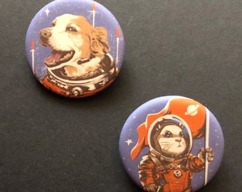 Cosmonaut Space Hamster & Silly Dog pin buttons