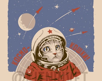 ジクレー版画とキャンバス、「月面最初の猫」、宇宙飛行士の猫、宇宙の