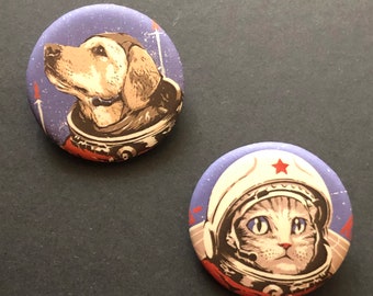 Cosmonaut Space Cat & Dog pin buttons