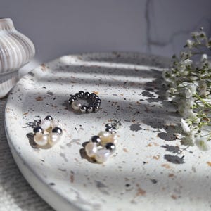 Handmade freshwater pearl ring + earrings | Stainless steel beads | Set | Silver | White pearls | Waterproof | Gift for her, girlfriend