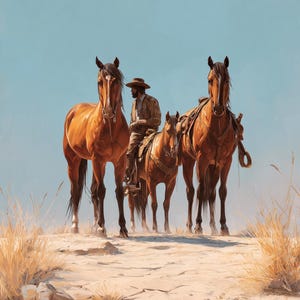 Western horses canvas wall art, modern desert painting, cowboy decor, giclée print, ready to hang, rustic living room gift