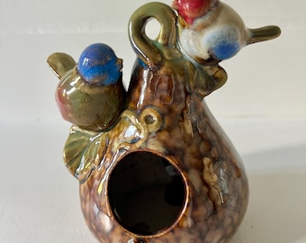 Vintage Ceramic Birdhouse Figurine | Drip Glaze Bird Sculpture