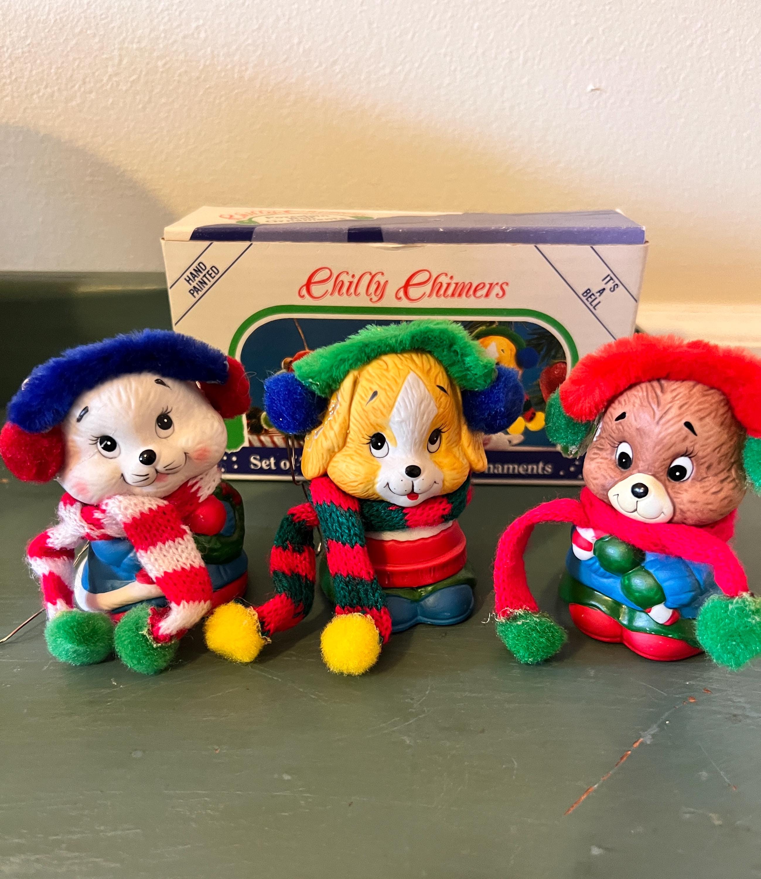 Vintage 1980s Chilly Chimers Porcelain Bell Ornaments – Set of