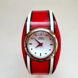 Vintage Anne Klein II Red Bangle Watch | 1990s Striped Cuff  display picture 3