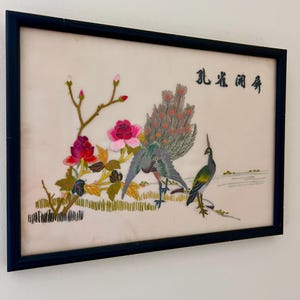 Vintage Chinese Silk Needle Embroidery, Framed Peacock and Roses