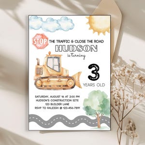 Editable Construction Birthday Invitation | Bulldozer Party Canva Template | Watercolor Boys Invite | Instant Download Printable
