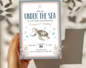 Under the Sea Birthday Invitation: Watercolor Turtle, Editable Canva Template