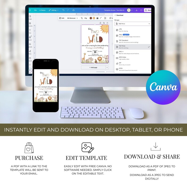 May include: A computer monitor and smartphone display a birthday invitation template with a safari theme. The invitation reads "Two Wild" with animal illustrations. The Canva logo is visible, along with instructions to edit and download.