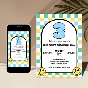 Invitación de cumpleaños editable "Buenas vibras" / Invitación con carita sonriente retro / Fiesta de un chico genial / Plantilla de Canva / Cumpleaños infantil / Descarga instantánea