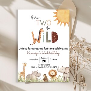 May include: A white invitation card with a safari theme. The text reads "Born Two Be Wild" with a giraffe illustration. The card also includes details for a second birthday party, including the date, time, and location.
