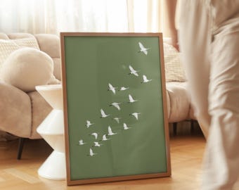 Japandi Birds konsttryck: Minimalistisk olivgrön salviadekor (digital nedladdning)