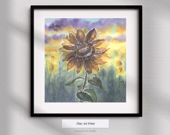 Moody Sunflower Watercolor Print | Autumn Dusk Wall Art