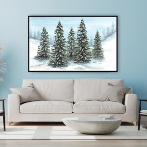 Póster de acuarela "Pines nevados": Impresionante impresión artística de paisaje invernal - Decoración rústica para el hogar