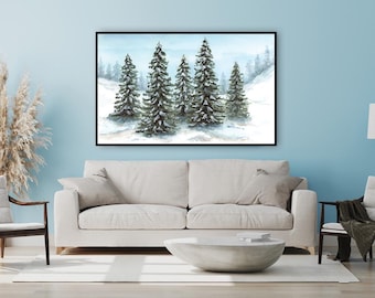 Snowy Pines Aquarell Druck: Rustikale Winterlandschaft