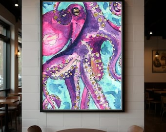 Pink Octopus Art Print: Whimsical Sea Portrait, Coastal Wall Decor