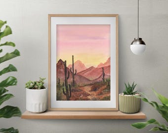 Watercolor Desert Landscape Painting: Southwest Cactus Wall Art