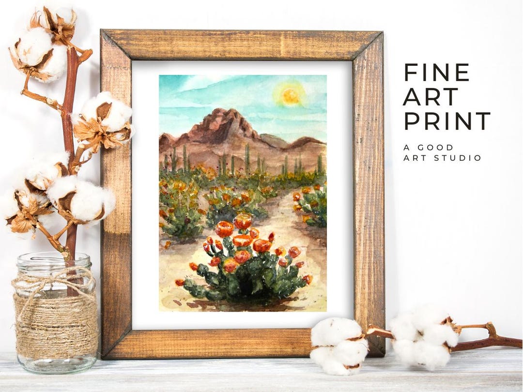 Watercolor Cactus Flower Art Print | Desert Landscape Painting - Etsy