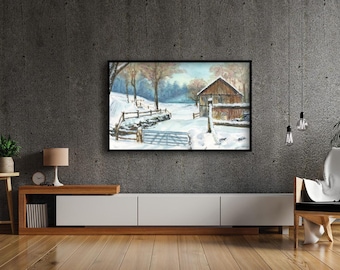 Aquarel print winterboerderij: landschapsmuurschildering besneeuwde schuur