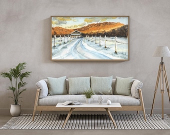 Aquarelprint winterschuur: muurkunst boerderij besneeuwde berg