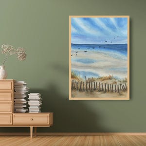 Watercolor Ocean Landscape Painting: Coastal Seaside Wall Art