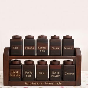 Handmade Pine Wood Spice Rack with 10 Jars: Kitchen Organizer