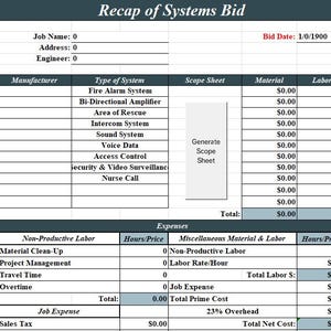 May include: A spreadsheet titled "Recap of Systems Bid" with columns for job details, system types, and expenses. The document includes sections for labor, material costs, and overhead calculations. The bid date is listed as 1/0/1900.