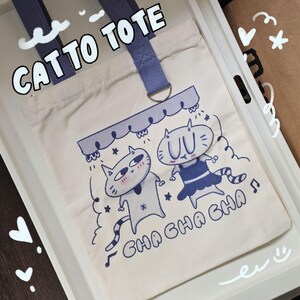 Bolsa de lona con estampado de gatos bailando, serigrafiada, de algodón, para supermercado, para manualidades, con motivos de animales, azul