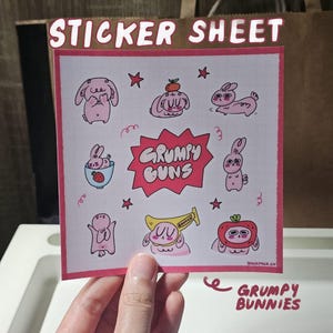 Grumpy Bunny Sticker Bogen | Wasserdichtes mattes Vinyl | Niedliche Gestanzte Tier Aufkleber für Laptop, Wasserflasche, Journal | Gen Z Ästhetik