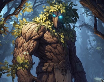 Diseño de personaje de Golem del Bosque, Arte conceptual de Guardián Treant, Elemental de la Naturaleza adoptable para D&D, Regalo de criatura de madera estilizada para juegos de rol de fantasía
