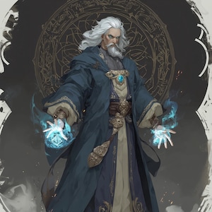 May include: A white-haired figure wearing a long, dark blue robe with gold embroidery over a beige tunic. The figure has glowing blue energy emanating from both hands, with a large circular emblem in the background and dark brown boots.