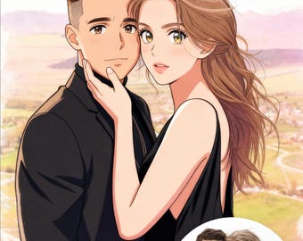 Retrato personalizado de pareja de anime, ilustración de dibujos animados a medida, regalo único para esposa, esposo, novia o novio.