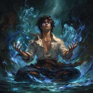 May include: Digital art of a person meditating, surrounded by blue ethereal energy. The person is wearing a white shirt and blue pants, with blue markings on their face. The artwork has a fantasy theme.