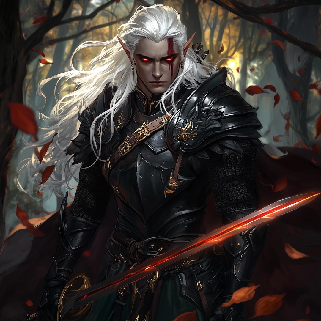 Male Drow Character Digital Print, Dark Elf Fantasy Knight Art, White ...