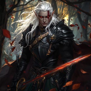 Op de afbeelding: Digitale kunst van een elfenkrijger met lang wit haar, rode ogen en een litteken. Hij draagt zwarte bepantsering en houdt een gloeiend rood zwaard vast. De achtergrond toont een bos met herfstbladeren.