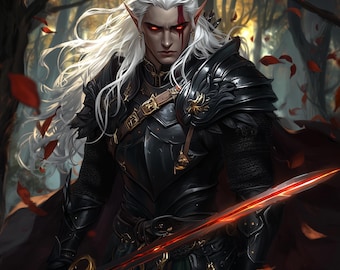 Guerrero de fantasía oscura personalizado, retrato Drow personalizado, arte de personaje épico para juegos de rol, encargo de fantasía, regalo para jugadores.