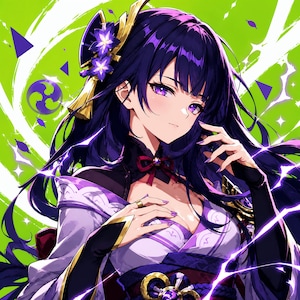 May include: An anime-style illustration of a character with long dark purple hair and purple eyes. The character wears a white and purple kimono-style garment with black accents, a red ribbon at the neck, and a gold hair accessory with purple flowers.