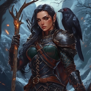 Op de afbeelding: Een fantasie-illustratie van een krijger met lang zwart haar, puntige oren en een litteken op haar gezicht. Ze draagt donkere bepantsering, een groene top en een bruine leren riem. Een zwarte raaf zit op haar schouder. Ze houdt een staf met een gloeiende punt vast.