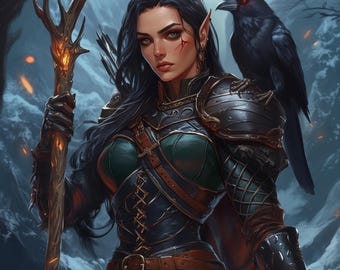 Encargo de personaje de explorador elfo oscuro, arte personalizado de personaje de D&D, retrato de elfo de fantasía, personaje de rol personalizado, regalo de compañero cuervo