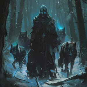 Puede incluir: Ilustración digital de una figura encapuchada con ojos azules brillantes, sosteniendo una espada, rodeada de lobos negros con ojos azules brillantes en un bosque nevado. La figura lleva una capa oscura.