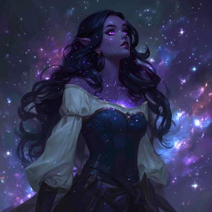 May include: Digital art of a celestial being with purple skin, long black hair, and pointed ears. She wears a dark blue and white bodice with a starry galaxy background. Her eyes are a vibrant purple, gazing upwards.
