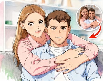 Retrato personalizado de pareja de anime a partir de una foto, ilustración personalizada de pareja kawaii adorable, regalo de aniversario para él o ella, regalo de boda
