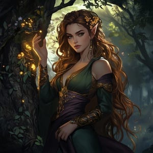 Op de afbeelding: Illustratie van een vrouw met lang, golvend roodbruin haar en puntige oren, versierd met gouden bloemen. Ze draagt een groene en paarse jurk met sierlijke gouden details, in een weelderige bosrijke omgeving met zachte verlichting.