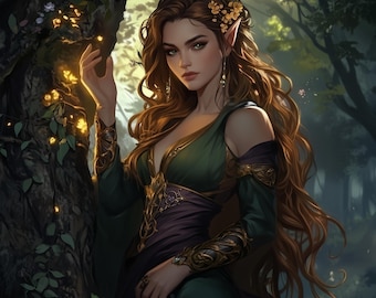 Elfa femenina del bosque encantado para juegos de rol, arte mágico y fantástico, regalo para personajes de videojuegos, retrato personalizado de personaje fantástico, encargo de arte de princesa elfa