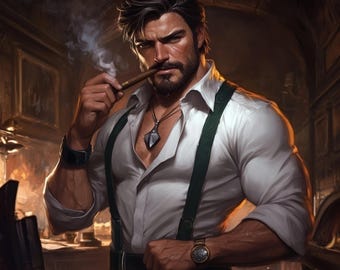 Arte cinematográfico de personajes de rol, ilustración de fantasía masculina, regalo personalizado para él, personaje original de D&D, retrato digital masculino de fantasía medieval en alta resolución.