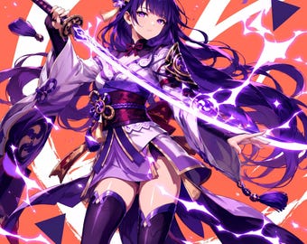 Lámina digital personalizada de Raiden Shogun, póster de anime inspirado en Genshin Impact, decoración de pared Purple Electro Warrior para fans de los videojuegos.