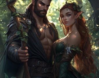 Arte fantástico de pareja de elfos del bosque, retrato personalizado de pareja para juegos de rol de fantasía, reina elfa y guardianes, ilustración de bosque místico, arte de hadas oscuras