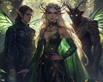 Ilustración de bosque místico, retrato personalizado de pareja para juego de rol de fantasía, arte de tres elfos del bosque, reina elfa y guardianes, trío de hadas oscuras