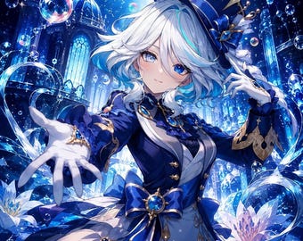Fan art de Furina de Genshin Impact, retrato digital de anime, arte mural de fantasía celestial azul para sala de juegos y decoración de regalos de anime.
