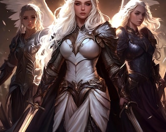 Retrato de trío fantástico para juego de rol, arte fantástico de tres ángeles, personaje original de fantasía para pareja personalizada, ilustración de bosque místico, encargo de arte para grupo de D&D