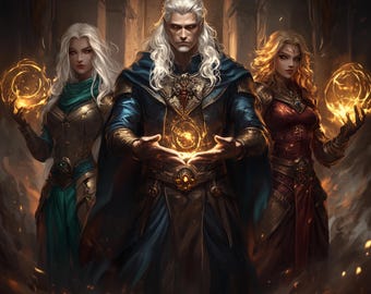 Retrato de personaje de RPG de fantasía personalizado, ilustración de trío, ilustración de trío místico, RPG de trío de fantasía, RPG de fantasía en pareja, arte de personaje Oc